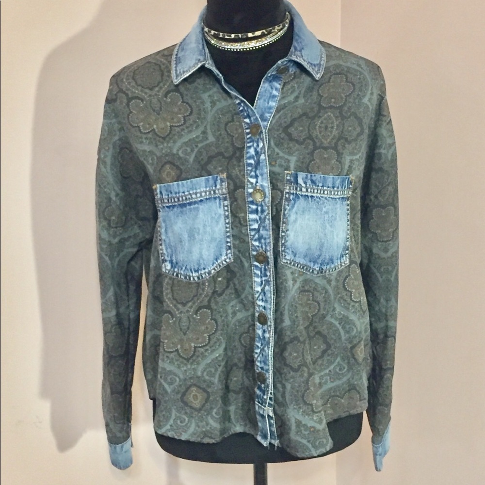 Free People Long Sleeve Paisley And Denim Shirt